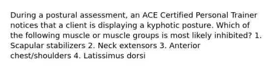 During a postural assessment, an ACE Certified Personal Trainer notices that a client is displaying a kyphotic posture. Which of the following muscle or muscle groups is most likely inhibited? 1. Scapular stabilizers 2. Neck extensors 3. Anterior chest/shoulders 4. Latissimus dorsi