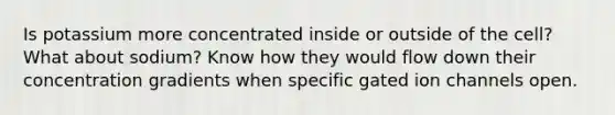 Is potassium more concentrated inside or outside of the cell? What about sodium? Know how they would flow down their concentration gradients when specific gated ion channels open.