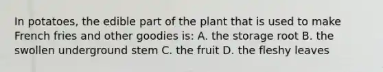 In potatoes, the edible part of the plant that is used to make French fries and other goodies is: A. the storage root B. the swollen underground stem C. the fruit D. the fleshy leaves