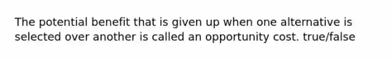 The potential benefit that is given up when one alternative is selected over another is called an opportunity cost. true/false