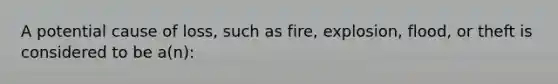 A potential cause of loss, such as fire, explosion, flood, or theft is considered to be a(n):