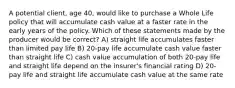 A potential client, age 40, would like to purchase a Whole Life policy that will accumulate cash value at a faster rate in the early years of the policy. Which of these statements made by the producer would be correct? A) straight life accumulates faster than limited pay life B) 20-pay life accumulate cash value faster than straight life C) cash value accumulation of both 20-pay life and straight life depend on the insurer's financial rating D) 20-pay life and straight life accumulate cash value at the same rate