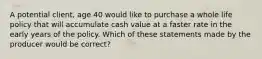 A potential client, age 40 would like to purchase a whole life policy that will accumulate cash value at a faster rate in the early years of the policy. Which of these statements made by the producer would be correct?