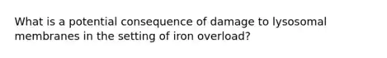 What is a potential consequence of damage to lysosomal membranes in the setting of iron overload?