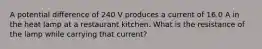 A potential difference of 240 V produces a current of 16.0 A in the heat lamp at a restaurant kitchen. What is the resistance of the lamp while carrying that current?