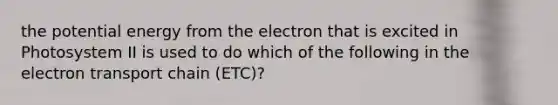 the potential energy from the electron that is excited in Photosystem II is used to do which of the following in the electron transport chain (ETC)?