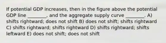 If potential GDP increases, then in the figure above the potential GDP line ________, and the aggregate supply curve ________. A) shifts rightward; does not shift B) does not shift; shifts rightward C) shifts rightward; shifts rightward D) shifts rightward; shifts leftward E) does not shift; does not shift