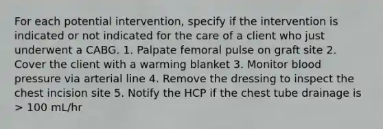 For each potential intervention, specify if the intervention is indicated or not indicated for the care of a client who just underwent a CABG. 1. Palpate femoral pulse on graft site 2. Cover the client with a warming blanket 3. Monitor blood pressure via arterial line 4. Remove the dressing to inspect the chest incision site 5. Notify the HCP if the chest tube drainage is > 100 mL/hr