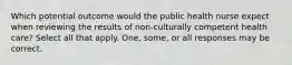 Which potential outcome would the public health nurse expect when reviewing the results of non-culturally competent health care? Select all that apply. One, some, or all responses may be correct.