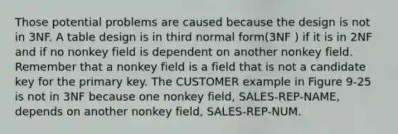 Those potential problems are caused because the design is not in 3NF. A table design is in third normal form(3NF ) if it is in 2NF and if no nonkey field is dependent on another nonkey field. Remember that a nonkey field is a field that is not a candidate key for the primary key. The CUSTOMER example in Figure 9-25 is not in 3NF because one nonkey field, SALES-REP-NAME, depends on another nonkey field, SALES-REP-NUM.