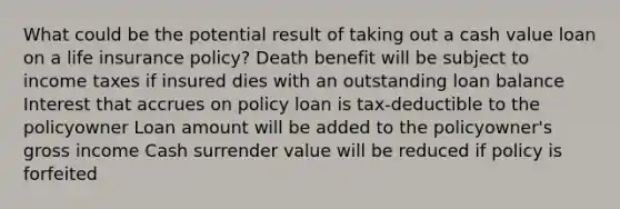 What could be the potential result of taking out a cash value loan on a life insurance policy? Death benefit will be subject to income taxes if insured dies with an outstanding loan balance Interest that accrues on policy loan is tax-deductible to the policyowner Loan amount will be added to the policyowner's gross income Cash surrender value will be reduced if policy is forfeited