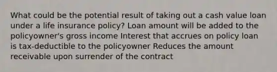 What could be the potential result of taking out a cash value loan under a life insurance policy? Loan amount will be added to the policyowner's gross income Interest that accrues on policy loan is tax-deductible to the policyowner Reduces the amount receivable upon surrender of the contract