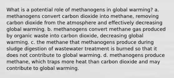 What is a potential role of methanogens in global warming? a. methanogens convert carbon dioxide into methane, removing carbon dioxide from the atmosphere and effectively decreasing global warming. b. methanogens convert methane gas produced by organic waste into carbon dioxide, decreasing global warming. c. the methane that methanogens produce during sludge digestion of wastewater treatment is burned so that it does not contribute to global warming. d. methanogens produce methane, which traps more heat than carbon dioxide and may contribute to global warming.