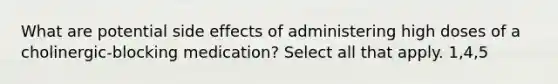 What are potential side effects of administering high doses of a cholinergic-blocking medication? Select all that apply. 1,4,5