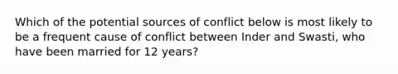 Which of the potential sources of conflict below is most likely to be a frequent cause of conflict between Inder and Swasti, who have been married for 12 years?