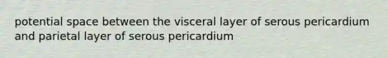 potential space between the visceral layer of serous pericardium and parietal layer of serous pericardium