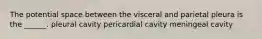 The potential space between the visceral and parietal pleura is the ______. pleural cavity pericardial cavity meningeal cavity