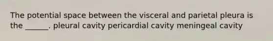 The potential space between the visceral and parietal pleura is the ______. pleural cavity pericardial cavity meningeal cavity