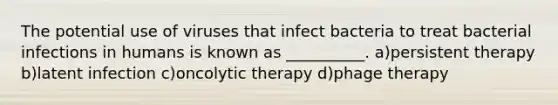 The potential use of viruses that infect bacteria to treat bacterial infections in humans is known as __________. a)persistent therapy b)latent infection c)oncolytic therapy d)phage therapy