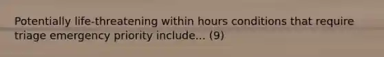 Potentially life-threatening within hours conditions that require triage emergency priority include... (9)