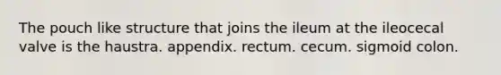 The pouch like structure that joins the ileum at the ileocecal valve is the haustra. appendix. rectum. cecum. sigmoid colon.
