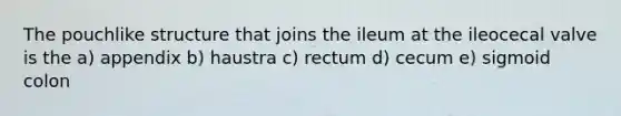 The pouchlike structure that joins the ileum at the ileocecal valve is the a) appendix b) haustra c) rectum d) cecum e) sigmoid colon