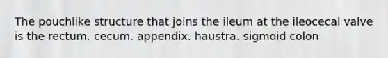 The pouchlike structure that joins the ileum at the ileocecal valve is the rectum. cecum. appendix. haustra. sigmoid colon