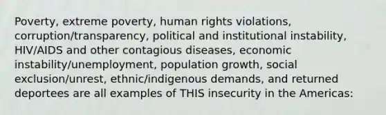 Poverty, extreme poverty, human rights violations, corruption/transparency, political and institutional instability, HIV/AIDS and other contagious diseases, economic instability/unemployment, population growth, social exclusion/unrest, ethnic/indigenous demands, and returned deportees are all examples of THIS insecurity in the Americas: