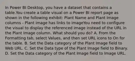 In Power BI Desktop, you have a dataset that contains a table.You create a table visual on a Power BI report page as shown in the following exhibit: Plant Name and Plant Image columns - Plant image has links to imageYou need to configure the visual to display the referenced image instead of the URL in the Plant Image column. What should you do? A. From the Formatting tab, select Values, and then set URL icons to On for the table. B. Set the Data category of the Plant Image field to Web URL. C. Set the Data type of the Plant Image field to Binary. D. Set the Data category of the Plant Image field to Image URL.