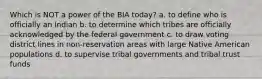 Which is NOT a power of the BIA today? a. to define who is officially an Indian b. to determine which tribes are officially acknowledged by the federal government c. to draw voting district lines in non‑reservation areas with large Native American populations d. to supervise tribal governments and tribal trust funds