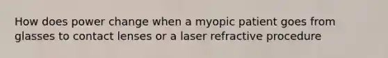 How does power change when a myopic patient goes from glasses to contact lenses or a laser refractive procedure