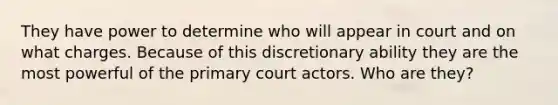 They have power to determine who will appear in court and on what charges. Because of this discretionary ability they are the most powerful of the primary court actors. Who are they?