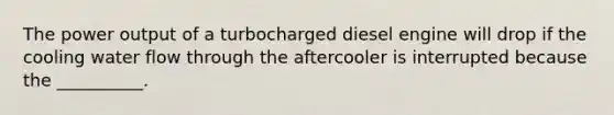 The power output of a turbocharged diesel engine will drop if the cooling water flow through the aftercooler is interrupted because the __________.