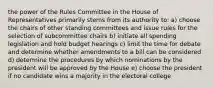 the power of the Rules Committee in the House of Representatives primarily stems from its authority to: a) choose the chairs of other standing committees and issue rules for the selection of subcommittee chairs b) initiate all spending legislation and hold budget hearings c) limit the time for debate and determine whether amendments to a bill can be considered d) determine the procedures by which nominations by the president will be approved by the House e) choose the president if no candidate wins a majority in the electoral college