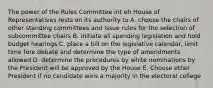 The power of the Rules Committee int eh House of Representatives rests on its authority to A. choose the chairs of other standing committees and issue rules for the selection of subcommittee chairs B. initiate all spending legislation and hold budget hearings C. place a bill on the legislative calendar, limit time fore debate and determine the type of amendments allowed D. determine the procedures by white nominations by the President will be approved by the House E. Choose ether President if no candidate wins a majority in the electoral college