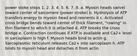 power stoke steps 1. 2. 3. 4. 5. 6. 7. 8. a. Myosin heads swivel toward center of sarcomere (power stroke) b. Hydrolysis of ATP transfers energy to myosin head and reorients it c. Activated cross bridge bends toward center of thick filament, "rowing" in thin filament to which it is attached d. ATP breaks the cross bridge e. Contraction continues if ATP is available and Ca2+ level in sarcoplasm is high f. Myosin heads bind to actin g. Sarcoplasmic reticulum releases Ca2+ into sarcoplasm h. ATP binds to myosin head and detaches it from actin