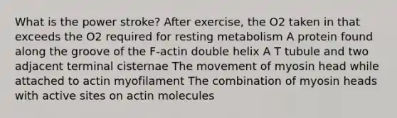 What is the power stroke? After exercise, the O2 taken in that exceeds the O2 required for resting metabolism A protein found along the groove of the F-actin double helix A T tubule and two adjacent terminal cisternae The movement of myosin head while attached to actin myofilament The combination of myosin heads with active sites on actin molecules