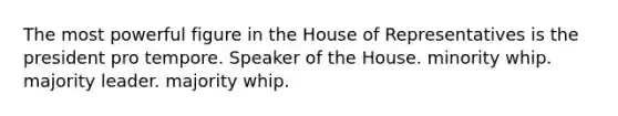 The most powerful figure in the House of Representatives is the president pro tempore. Speaker of the House. minority whip. majority leader. majority whip.