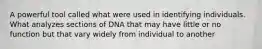 A powerful tool called what were used in identifying individuals. What analyzes sections of DNA that may have little or no function but that vary widely from individual to another