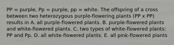 PP = purple, Pp = purple, pp = white. The offspring of a cross between two heterozygous purple-flowering plants (PP x PP) results in A. all purple-flowered plants. B. purple-flowered plants and white-flowered plants. C. two types of white-flowered plants: PP and Pp. D. all white-flowered plants. E. all pink-flowered plants