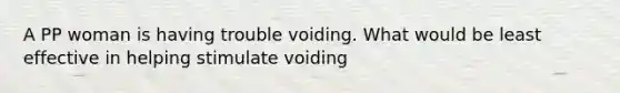 A PP woman is having trouble voiding. What would be least effective in helping stimulate voiding