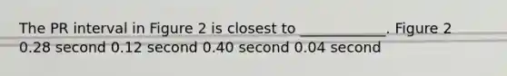The PR interval in Figure 2 is closest to ____________. Figure 2 0.28 second 0.12 second 0.40 second 0.04 second