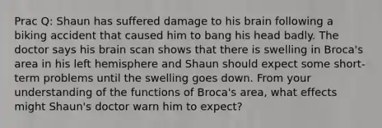 Prac Q: Shaun has suffered damage to his brain following a biking accident that caused him to bang his head badly. The doctor says his brain scan shows that there is swelling in Broca's area in his left hemisphere and Shaun should expect some short-term problems until the swelling goes down. From your understanding of the functions of Broca's area, what effects might Shaun's doctor warn him to expect?