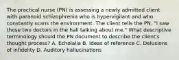 The practical nurse (PN) is assessing a newly admitted client with paranoid schizophrenia who is hypervigilant and who constantly scans the environment. The client tells the PN, "I saw those two doctors in the hall talking about me." What descriptive terminology should the PN document to describe the client's thought process? A. Echolalia B. Ideas of reference C. Delusions of infidelity D. Auditory hallucinations