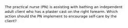 The practical nurse (PN) is assisting with bathing an independent adult client who has a plaster cast on the right forearm. Which action should the PN implement to encourage self-care by the client?