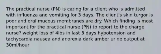 The practical nurse (PN) is caring for a client who is admitted with influenza and vomiting for 3 days. The client's skin turgor is poor and oral mucous membranes are dry. Which finding is most important for the practical nurse (PN) to report to the charge nurse? weight loss of 4lbs in last 3 days hypotension and tachycardia nausea and anorexia dark amber urine output at 30ml/hour