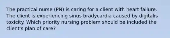 The practical nurse (PN) is caring for a client with heart failure. The client is experiencing sinus bradycardia caused by digitalis toxicity. Which priority nursing problem should be included the client's plan of care?