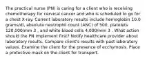 The practical nurse (PN) is caring for a client who is receiving chemotherapy for cervical cancer and who is scheduled to go for a chest X-ray. Current laboratory results include hemoglobin 10.0 grams/dl, absolute neutrophil count (ANC) of 500, platelets 120,000/mm 3 , and white blood cells 4,000/mm 3 . What action should the PN implement first? Notify healthcare provider about laboratory results. Compare client's results with past laboratory values. Examine the client for the presence of ecchymosis. Place a protective mask on the client for transport.