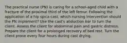 The practical nurse (PN) is caring for a school-aged child with a fracture of the proximal third of the left femur. Following the application of a hip spica cast, which nursing intervention should the PN implement? Use the cast's abduction bar to turn the client. Assess the client for abdominal pain and gastric distress. Prepare the client for a prolonged recovery of bed rest. Turn the client prone every four hours during cast drying.