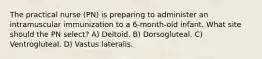 The practical nurse (PN) is preparing to administer an intramuscular immunization to a 6-month-old infant. What site should the PN select? A) Deltoid. B) Dorsogluteal. C) Ventrogluteal. D) Vastus lateralis.